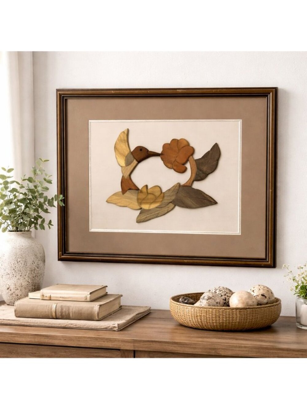 Vintage Framed Wood Hummingbird & Floral Art 21x17 Warm Rustic Wall Decor